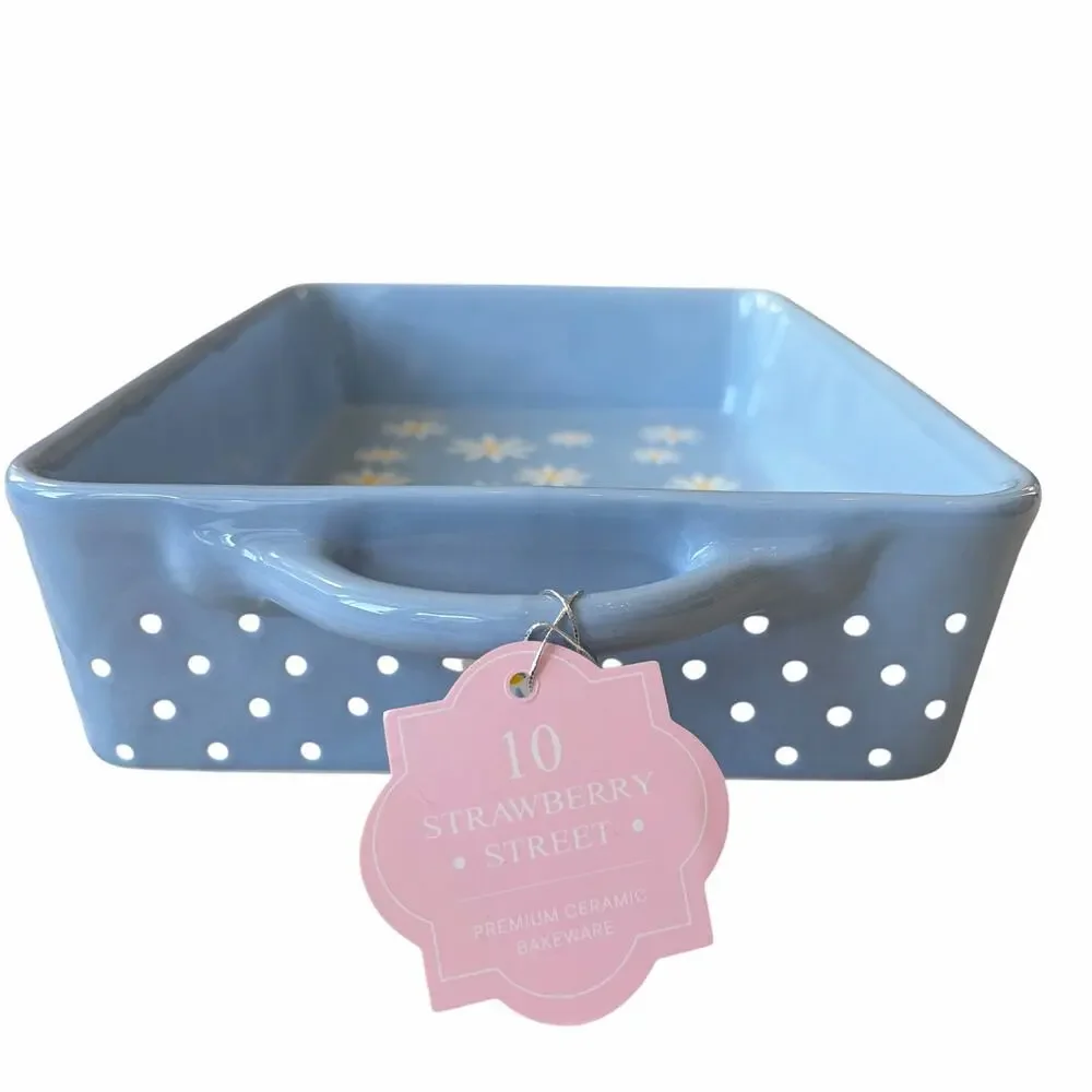 10 Strawberry Street Daisy Rectangular Baker 12x8 Blue Polka Dot NEW